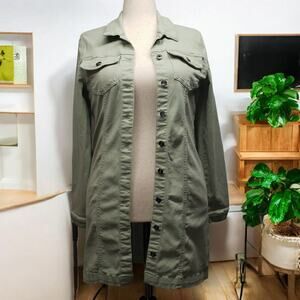 RE Generation Longline Denim Jacket Sz XL Desert Sage Stretch Button Front